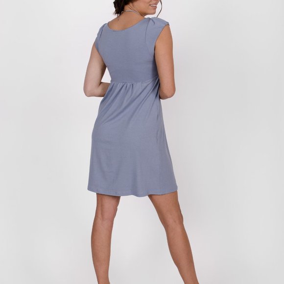 Blue bamboo rayon dress knee length cap sleeves - Picture 2 of 3